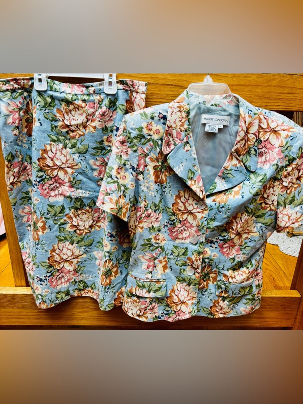 Floral Two-Piece Skirt Suit Set in Light Blue and Peach Maggy London